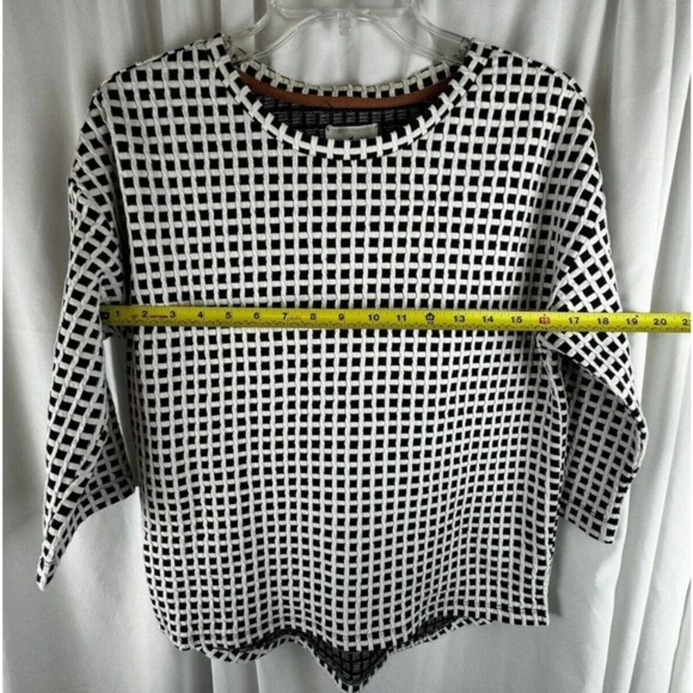 Lou & Grey Blue White Grid Textured Knit Top 3/4 Sleeve S Preppy Academia 55-22‎
